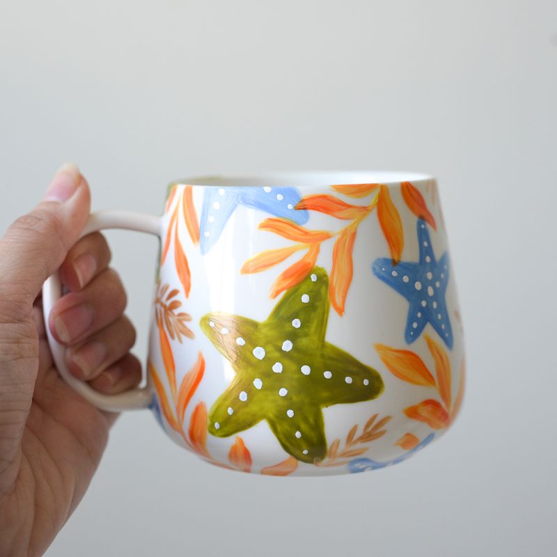 #22 Hand-Painted 16 oz White Mug - Green &amp; Blue Starfish