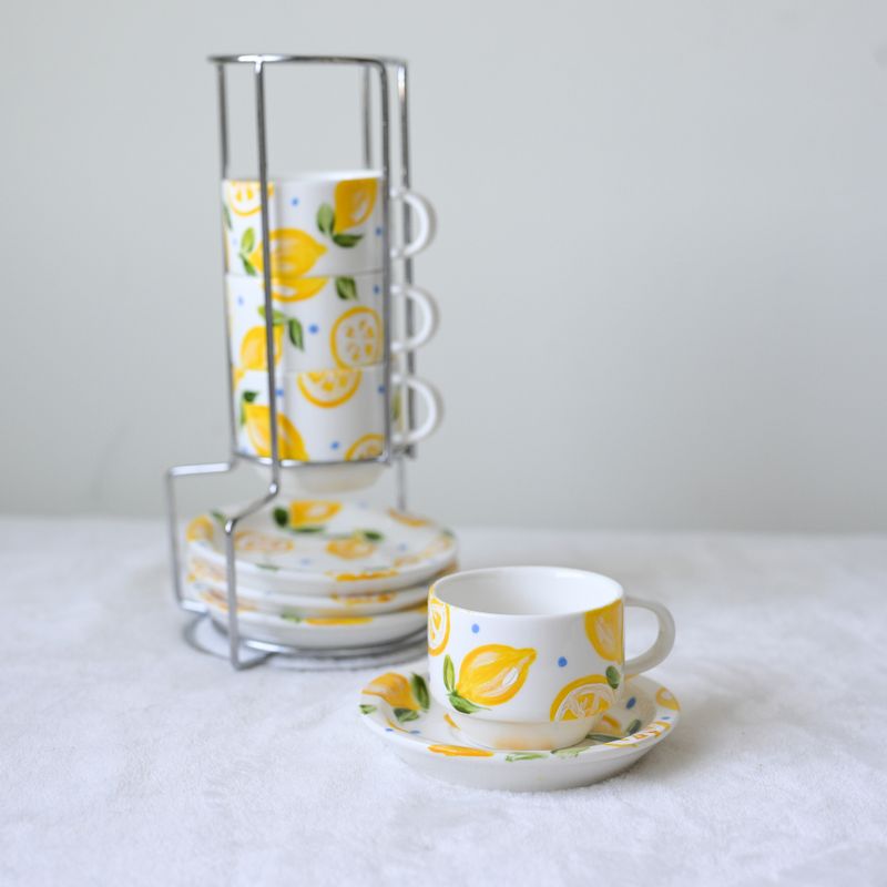 *LIMITED EDITION* Hand-Painted 2.5 oz Espresso Mug &amp; Saucer Set - Lemons