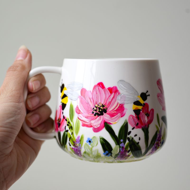 #6 Hand-Painted 16 oz White Mug - Pink & Bees #6 Hand-Painted 16 oz White Mug - Pink & Bees