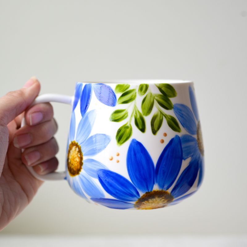 #8 Hand-Painted 16 oz White Mug - Blue Flowers #8 Hand-Painted 16 oz White Mug - Blue Flowers