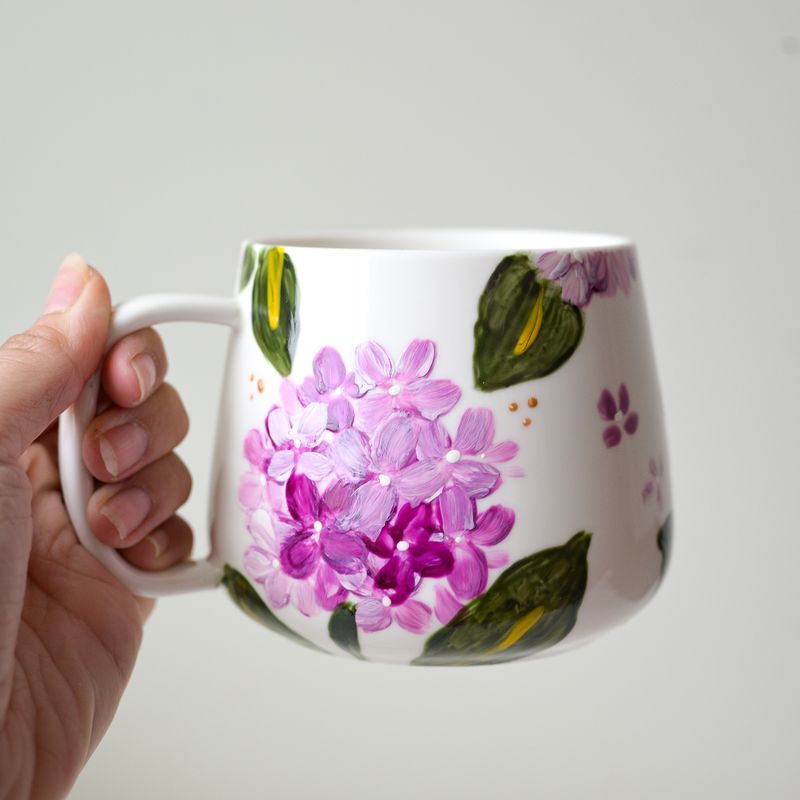 #10 Hand-Painted 16 oz White Mug - Purple Hydrangea #10 Hand-Painted 16 oz White Mug - Purple Hydrangea