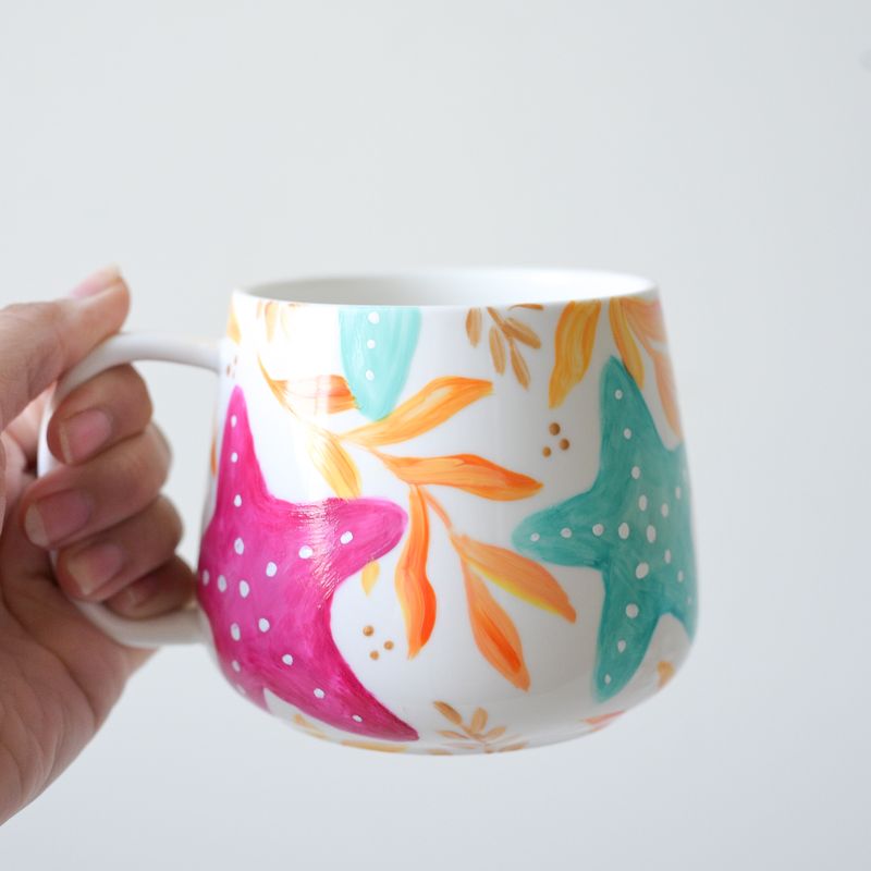#21 Hand-Painted 16 oz White Mug - Vibrant Starfish #21 Hand-Painted 16 oz White Mug - Vibrant Starfish