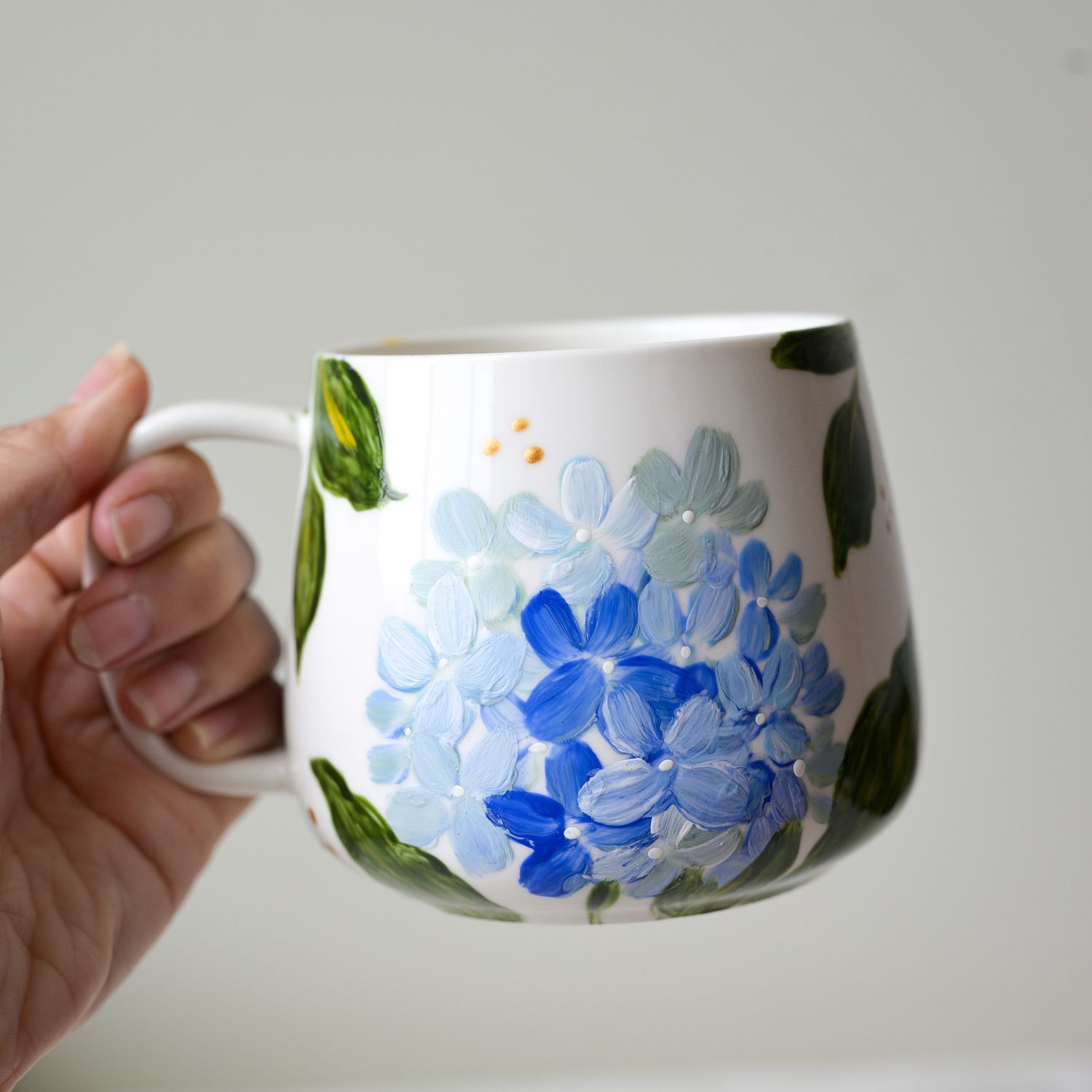 #12 Hand-Painted 16 oz White Mug - Blue Hydrangea