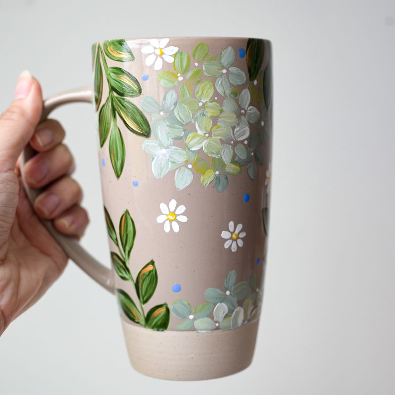 #1 Hand-Painted 20 oz White Mug - Green Hydrangea