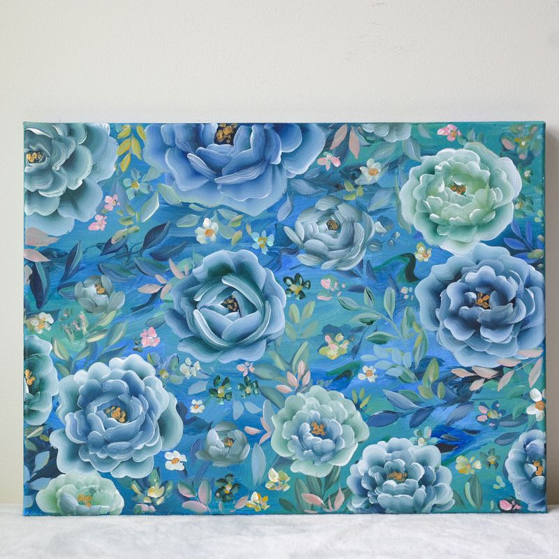 12x16" Original Hand Painted Canvas - Blue Floral