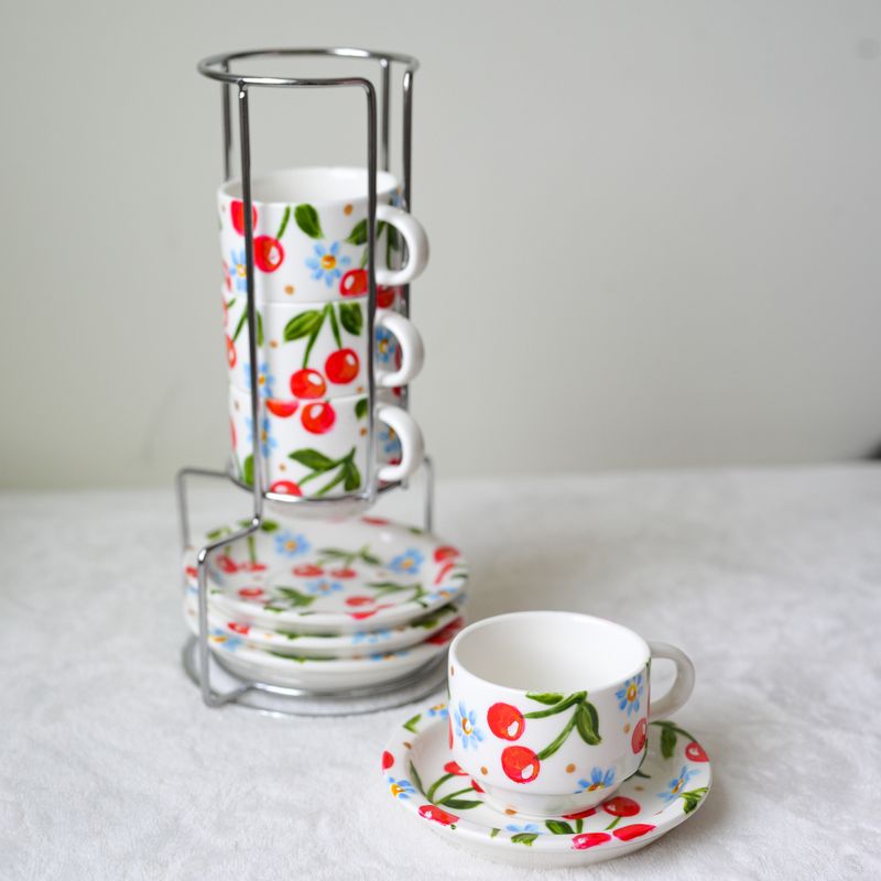 *LIMITED EDITION* Hand-Painted 2.5 oz Espresso Mug & Saucer Set - Cherries *LIMITED EDITION* Hand-Painted 2.5 oz Espresso Mug & Saucer Set - Cherries