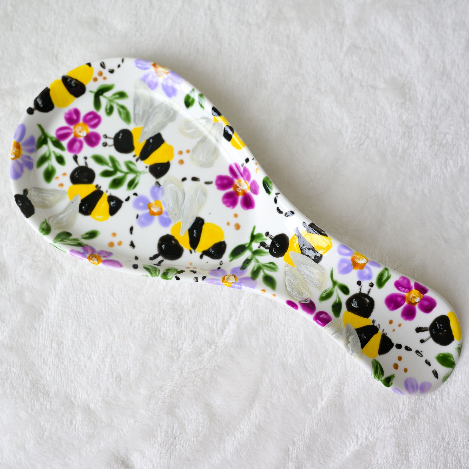 #5 Porcelain Spoon Rest - Bees & Purples #5 Porcelain Spoon Rest - Bees & Purples