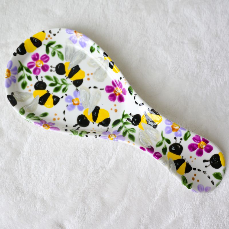 #5 Porcelain Spoon Rest - Bees &amp; Purples