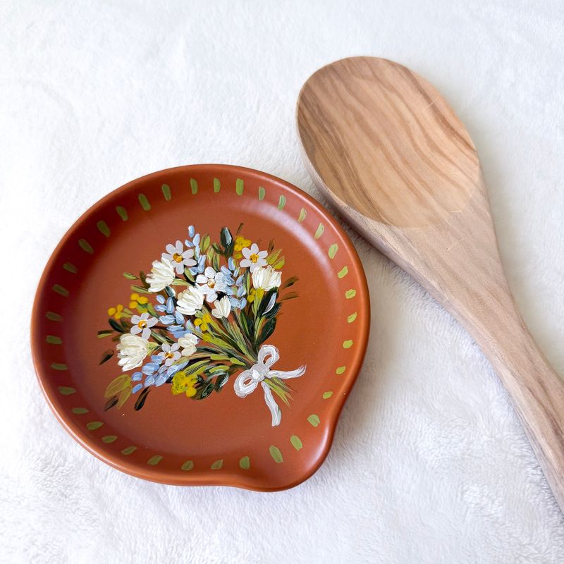 #1 Round Ceramic Spoon Rest - Burnt Orange Bouquet