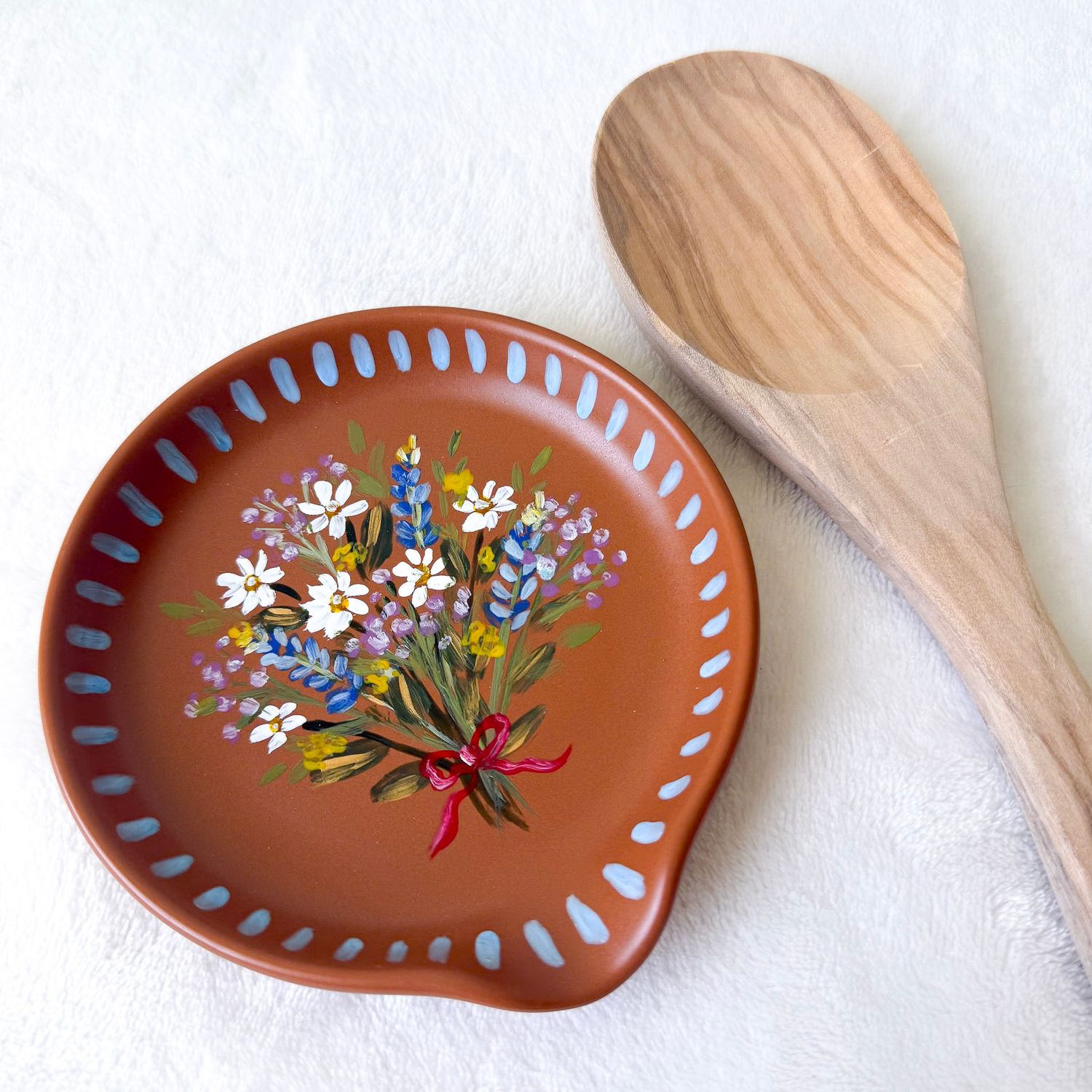 #3 Round Ceramic Spoon Rest - Burnt Orange Bouquet
