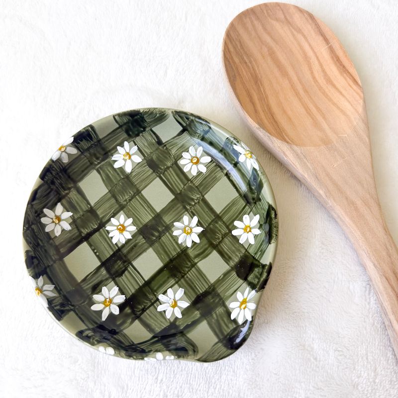 #4 Round Ceramic Spoon Rest - Green Gingham