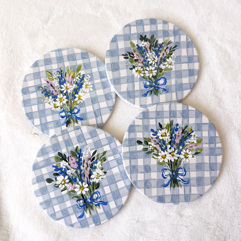 Hand Painted Ceramic Coasters - Set of 4 - Blue Gingham Cottage Core