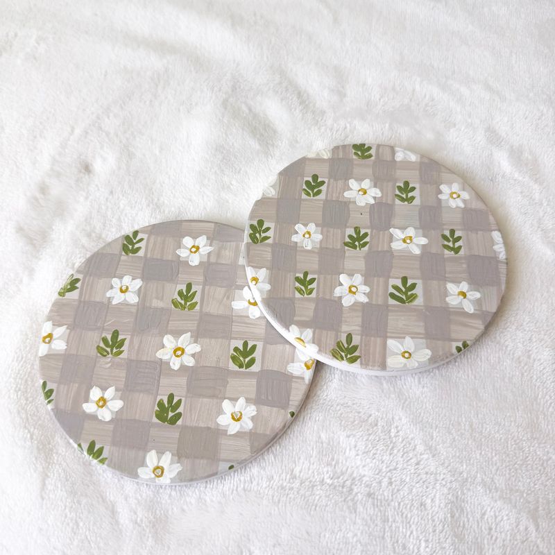 Hand Painted Ceramic Coasters - Set of 2 - Beige Cottage Core