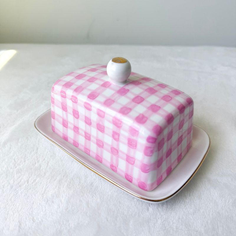 Pink Gingham Ceramic Butter Dish: One-of-a-Kind Thrift