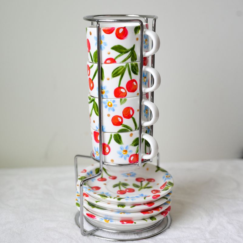 *LIMITED EDITION* Hand-Painted 2.5 oz Espresso Mug & Saucer Set - Cherries *LIMITED EDITION* Hand-Painted 2.5 oz Espresso Mug & Saucer Set - Cherries