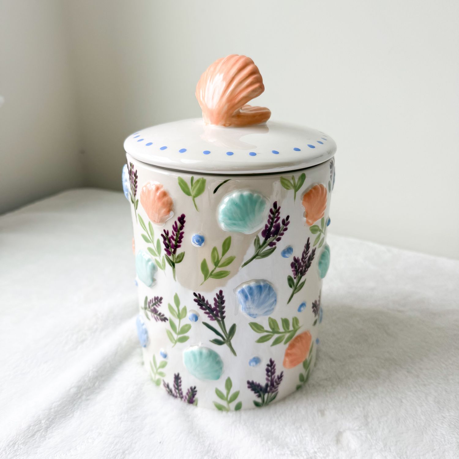 Seashell Floral Ceramic Jar: One-of-a-Kind Thrift