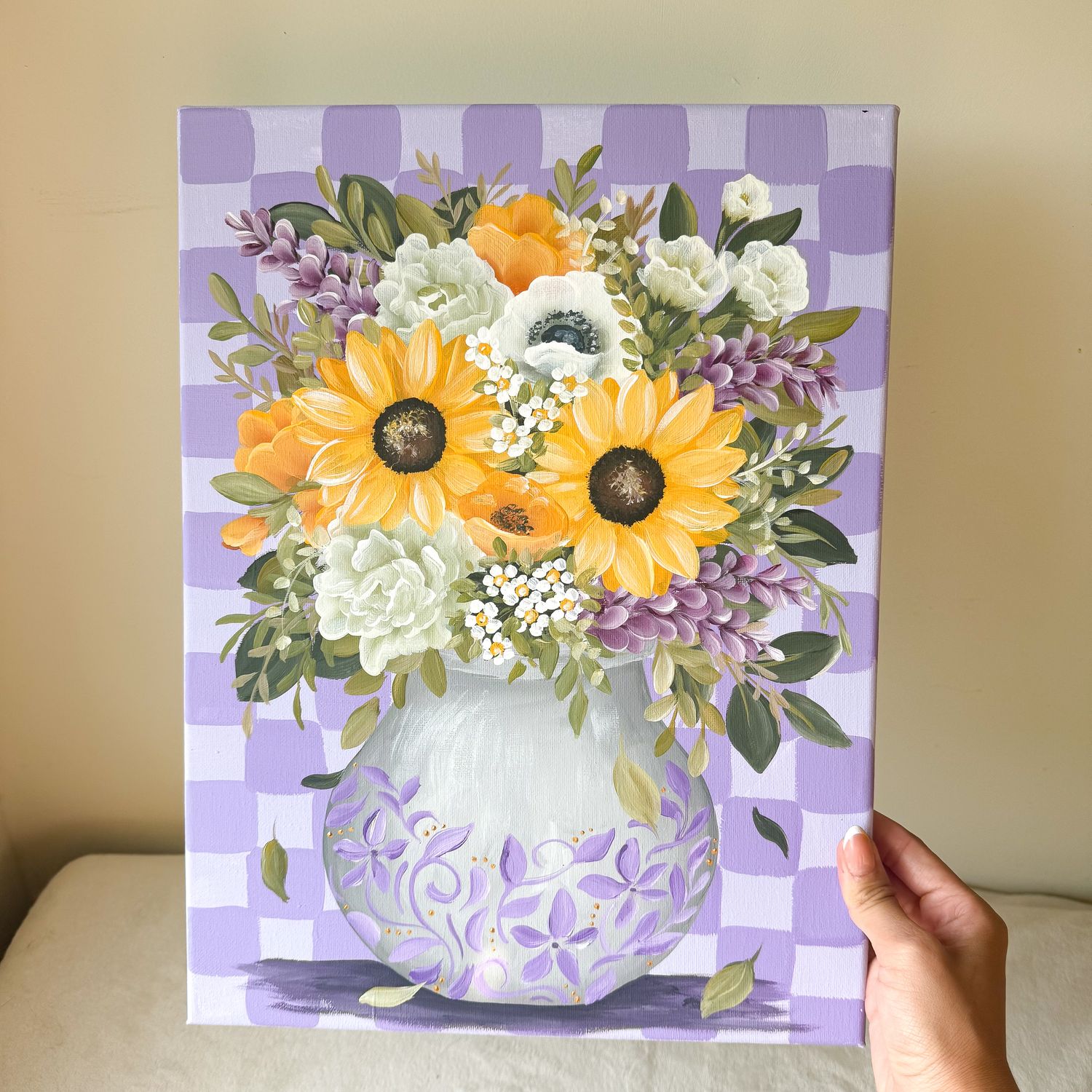 Original 12x16" Canvas - Purple Checkerboard Vase
