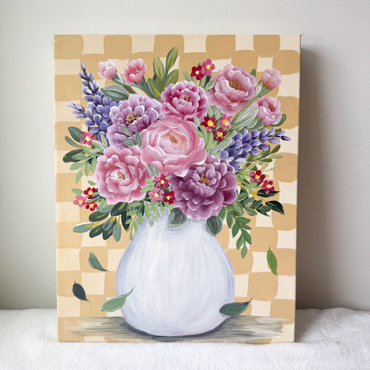 11" x 14" Textured Hanging Canvas - Yellow Checkerboard Vase
