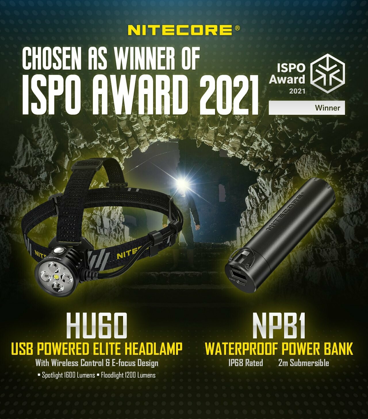 Nitecore - HU60 + NPB1 - Frontale USB con Power Bank 5000mAh - 1600 Lumens e 162 Metri - Torcia Led