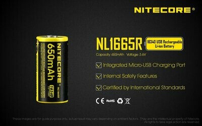 Nitecore - NL1665R MicroUSB - Batteria ricaricabile protetta Li-Ion CR123/16340 3.6V 650mAh