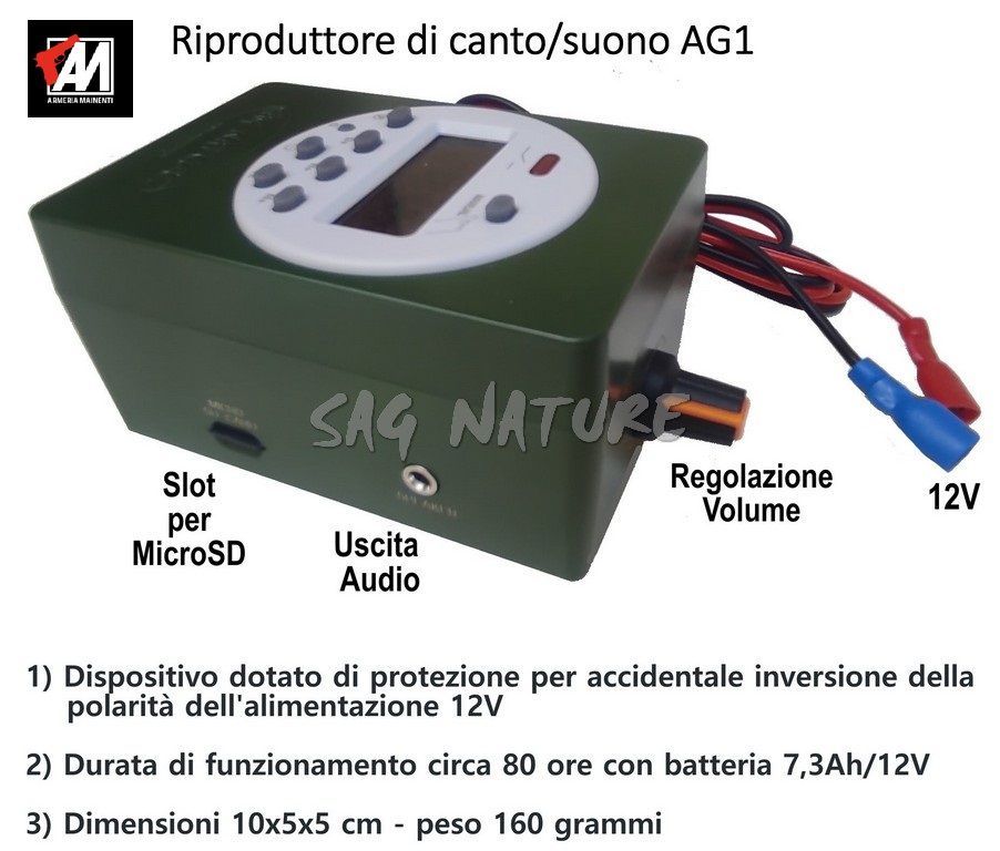 SAG NATURE 0206002 – RIPRODUTTORE CANTO Mod. AG1 CON TIMER  COMPLETO DI SCHEDA MICRO SD – 35 WATT –  12V –  (QUAGLIAIA)