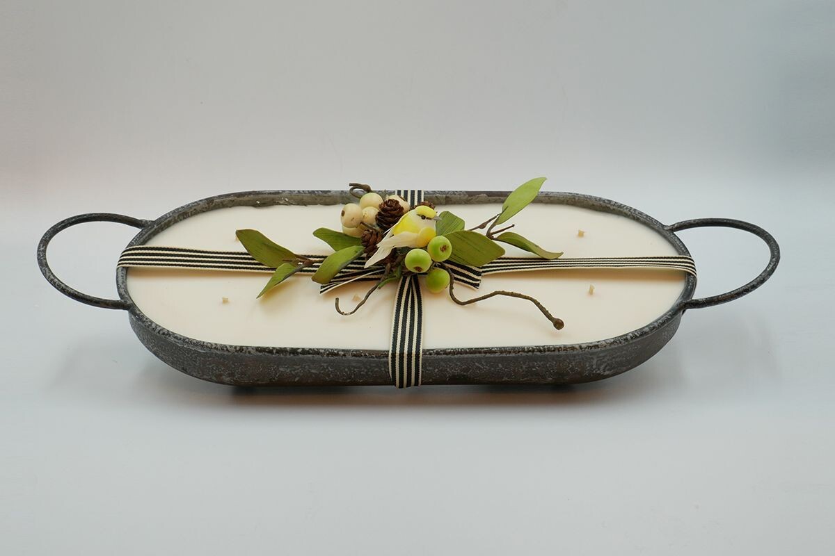 Galvanized long tray candle with handles