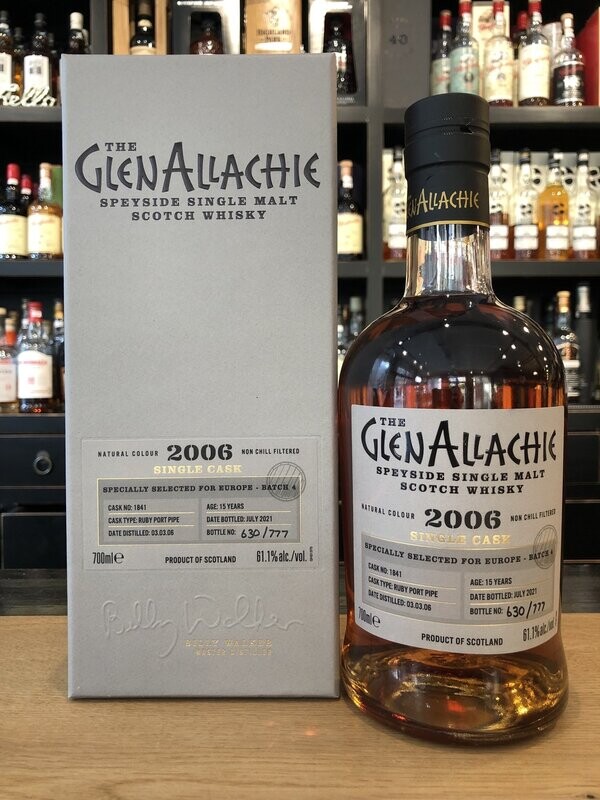 GlenAllachie 15 Jahre 2006/2021 Ruby Port Pipe #1841 mit 0,7l und 61,1% GlenAllachie 15 Jahre 2006/2021 Ruby Port Pipe #1841 mit 0,7l und 61,1%