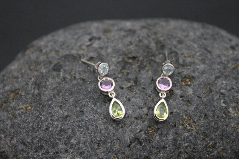 Earrings - Blue topaz, Amethyst &amp; Peridot