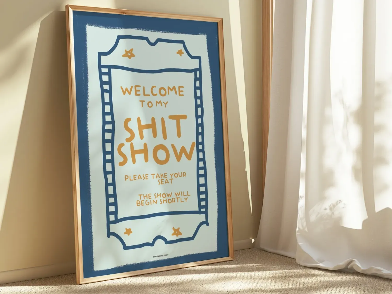 'Welcome To My Shitshow' print blauw/geel