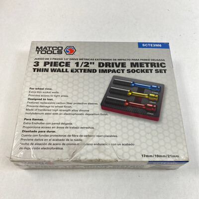 Matco Tools 3 Piece 1/2” Drive Metric Thin Wall Extend Impact Socket Set, SCTE3M6