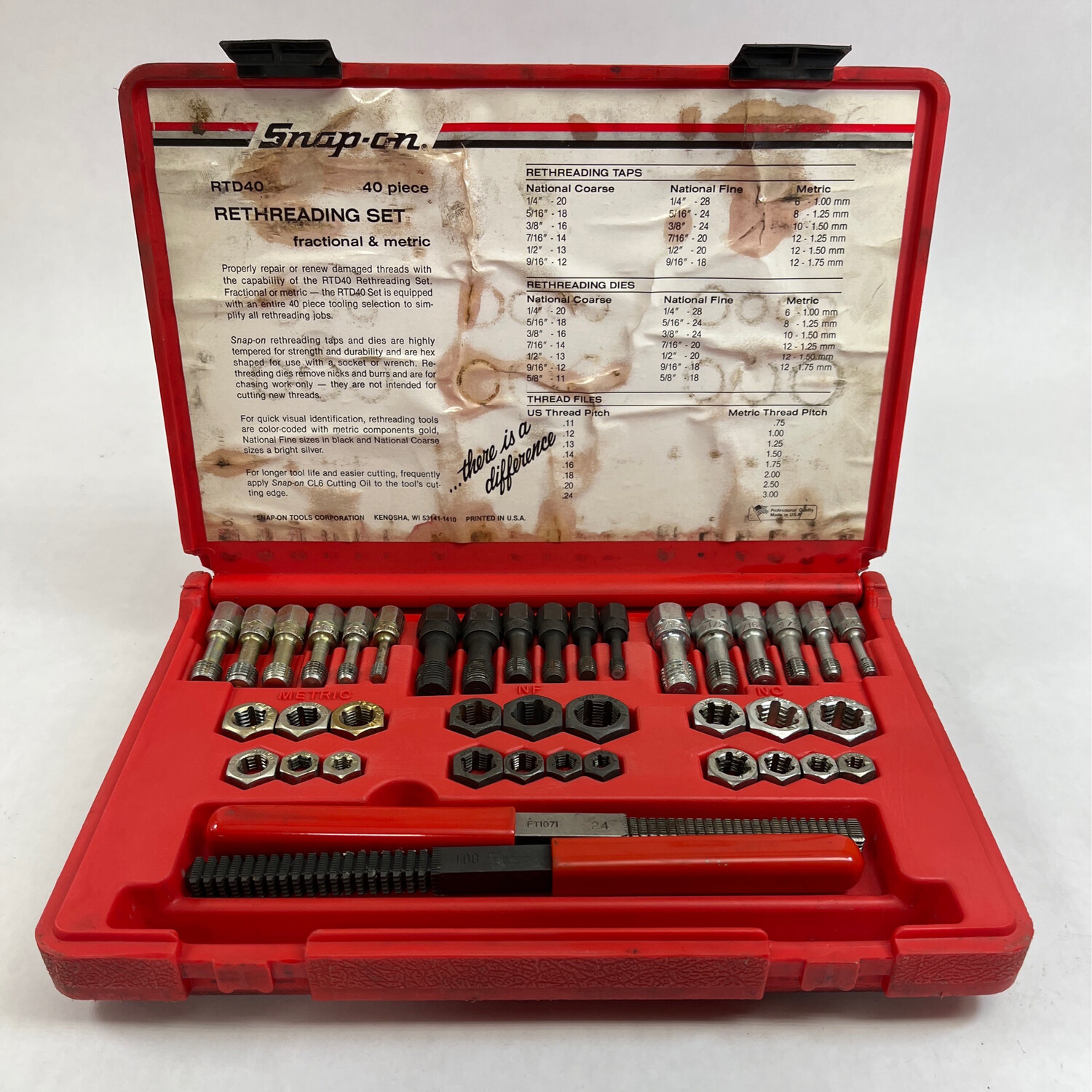 Snap On 40 Pc. Fractional/Metric Rethreading Set, RTD40 Shop Tool