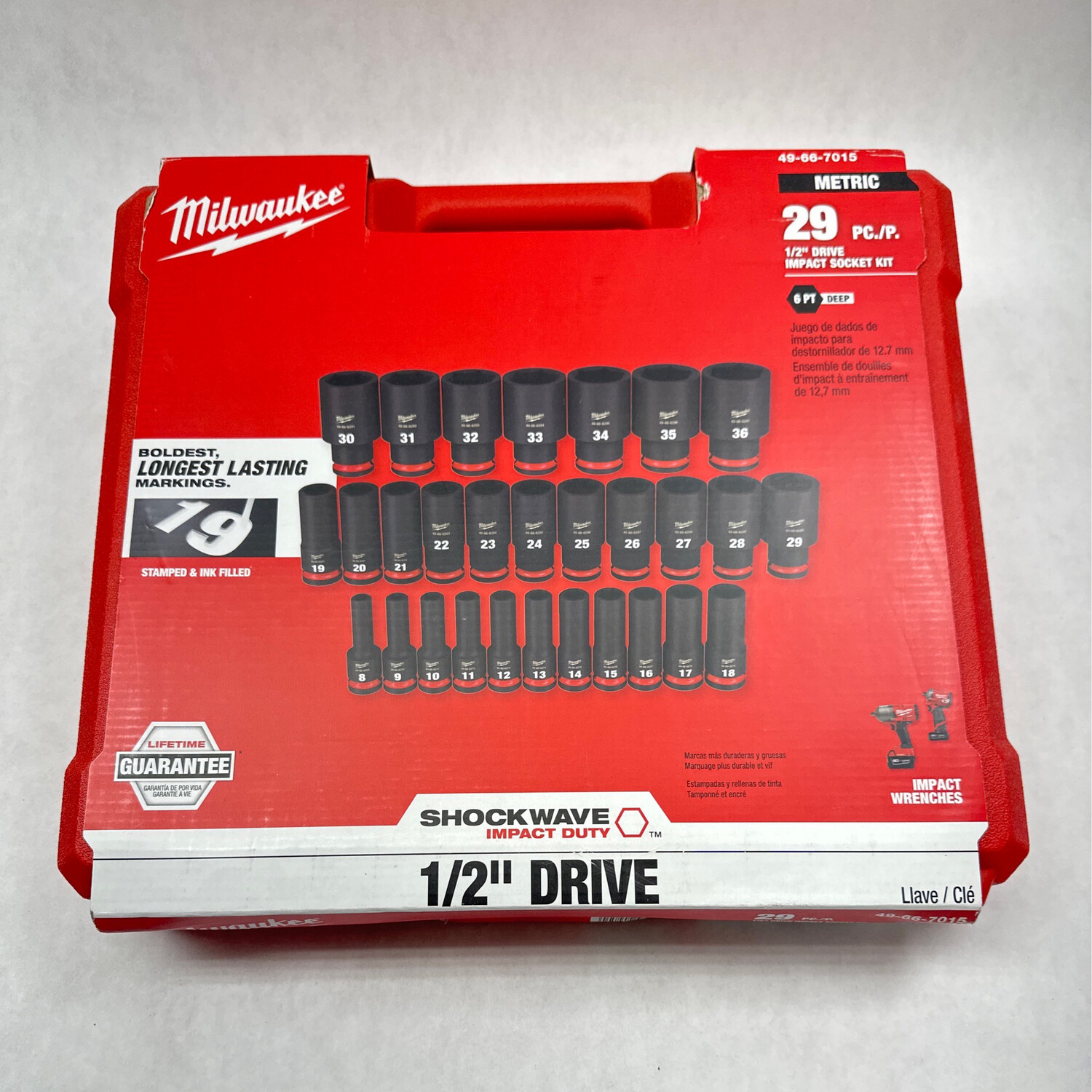 Milwaukee 29pc 1/2” Drive Metric Deep 6 Point Impact Socket Kit, 49-66-7015
