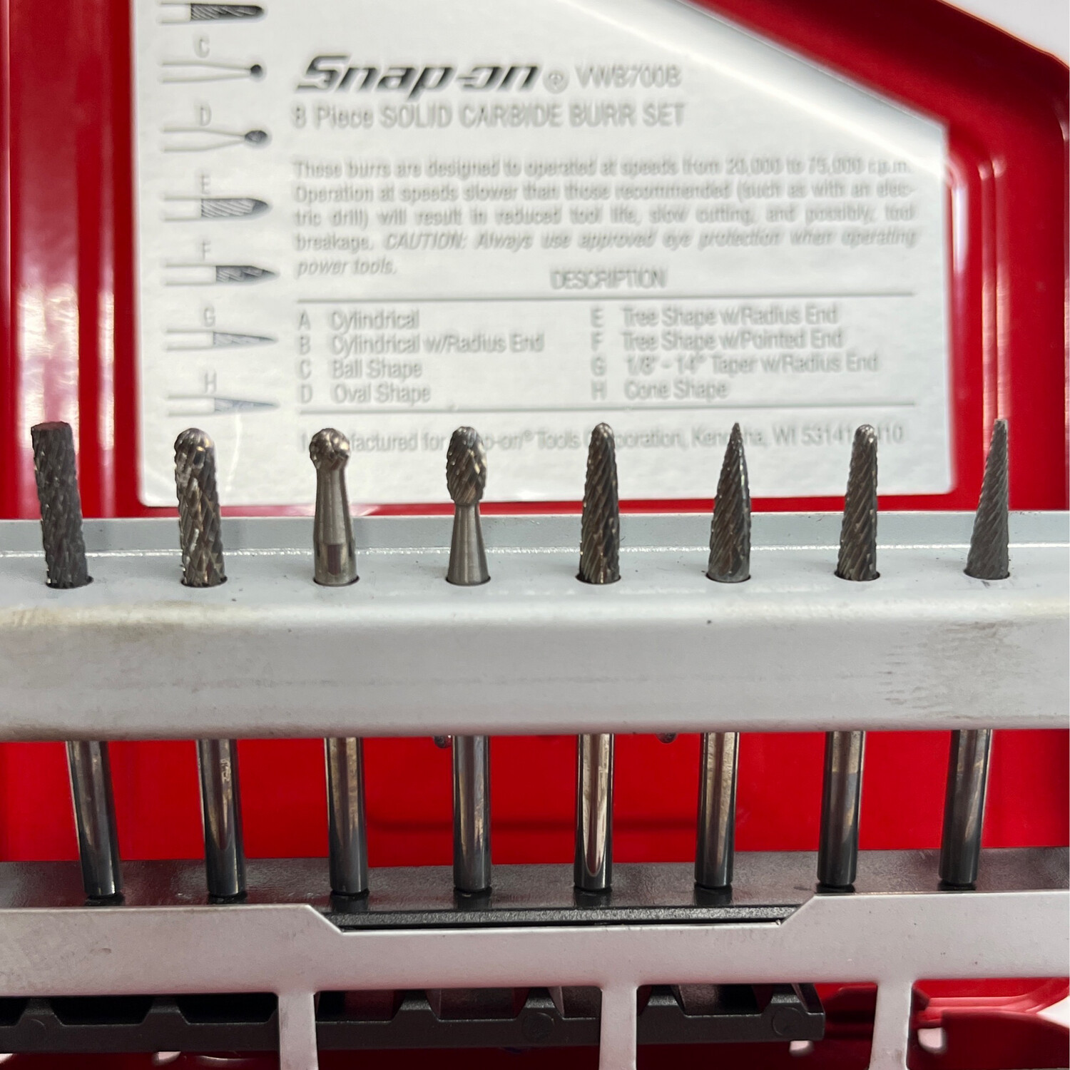 Snap On 8 Pc. Solid Carbide Burr Set, VWB700B