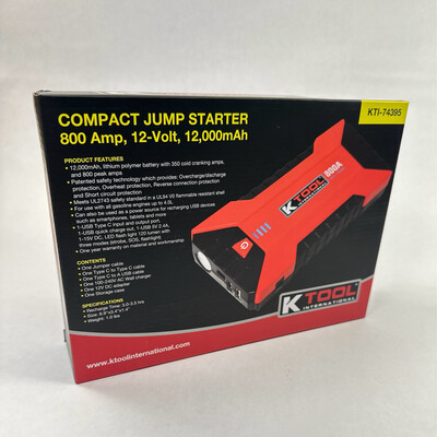 K Tool Compact Jump Starter 800 Amp, 12-Volt, 12,000mAh, KTI-74395