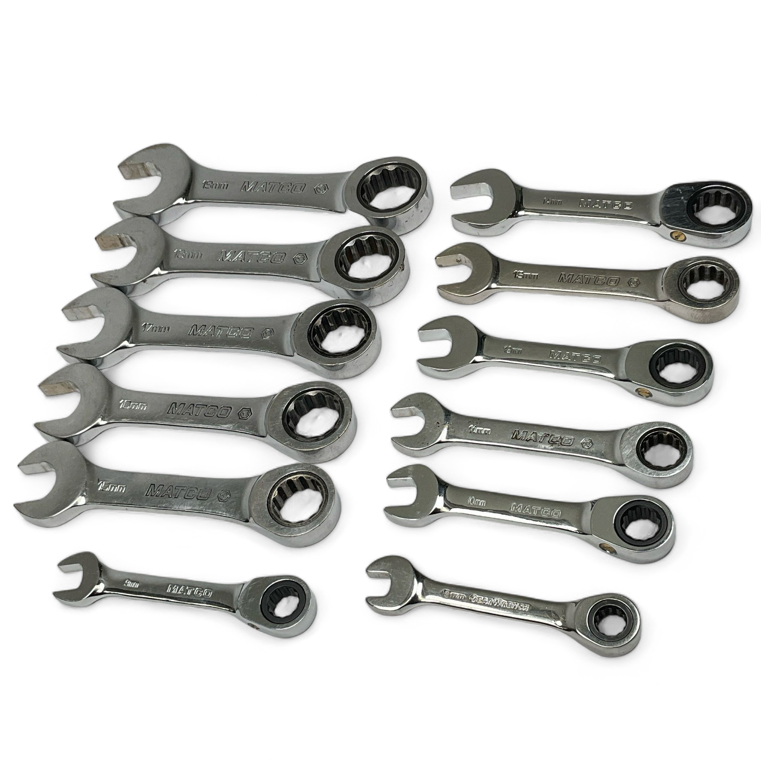 Matco 13 Piece 72 Tooth Metric Stubby Combination Ratcheting Wrench Set (8mm-19mm), S7GRBSM12