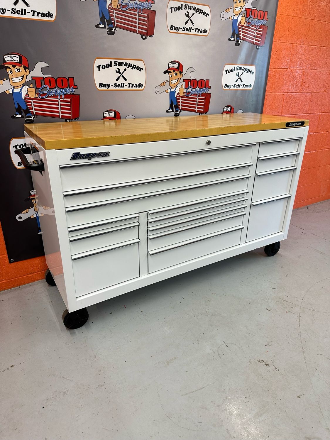 Snap On 73" 15-Drawer Triple-Bank Classic Series Three Extra Wide Drawer Roll Cab with Power Drawer and Speed Drawer & Wood Butcher Block Top, KCP1423PVC6