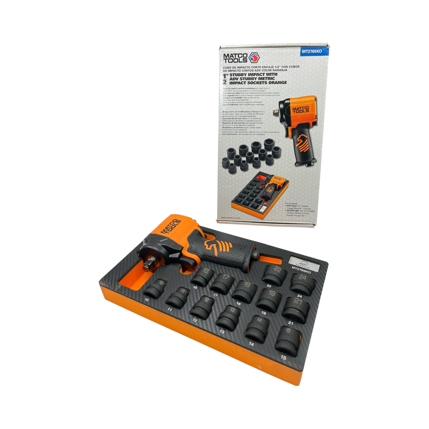 Matco Tools 1/2” Stubby Impact W/ Stubby Metric Impact Sockets (Orange), MT2765KO