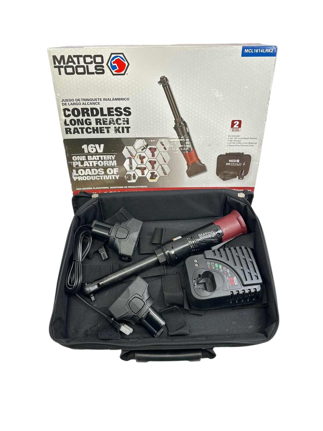 Matco 1/4” Cordless 16V Long Reach Ratchet Kit, MCL1614LRK2