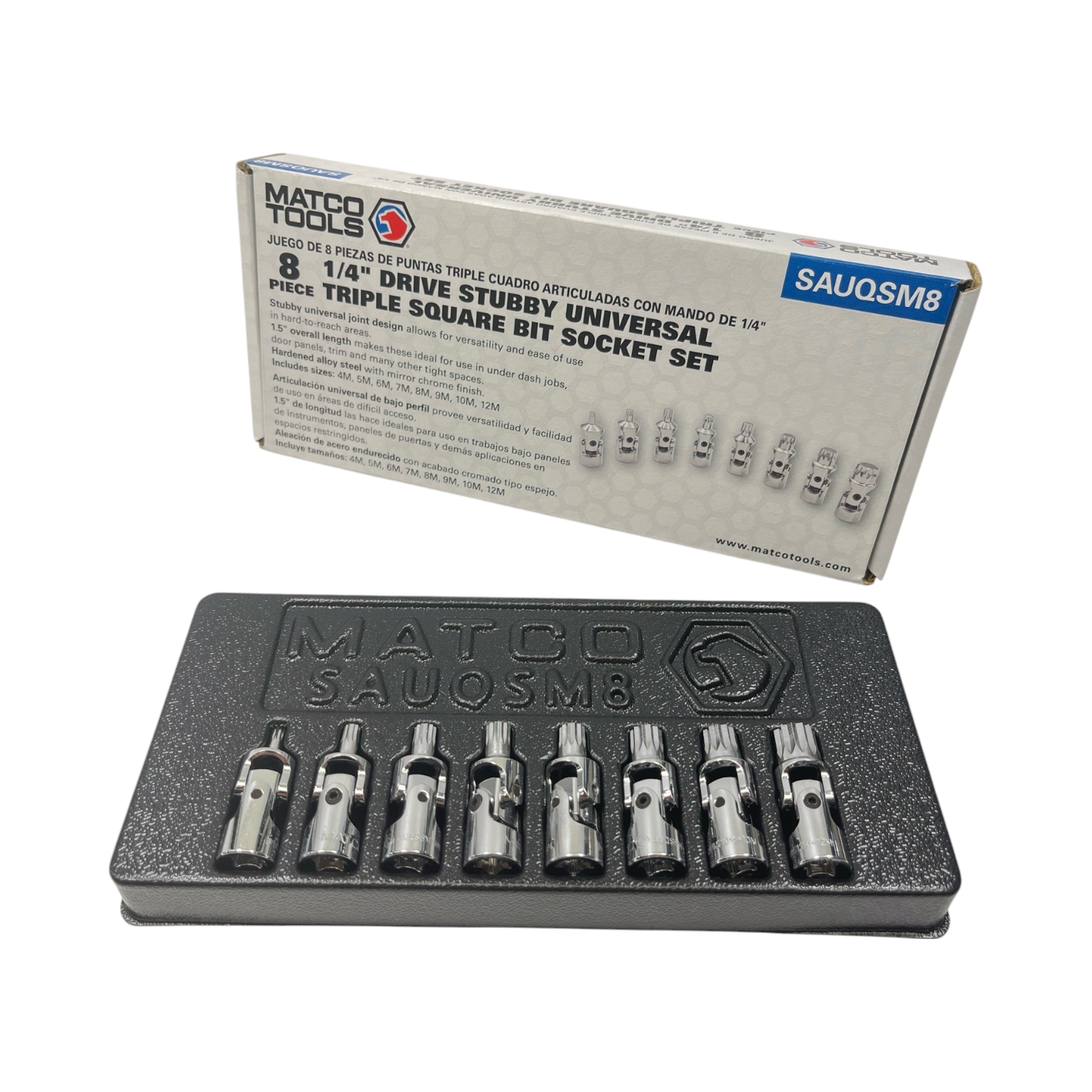 Matco Tools 8 Piece 1/4” Drive Stubby Universal Triple Square Bit Socket Set (4-10mm & 12mm), SAUQSM8