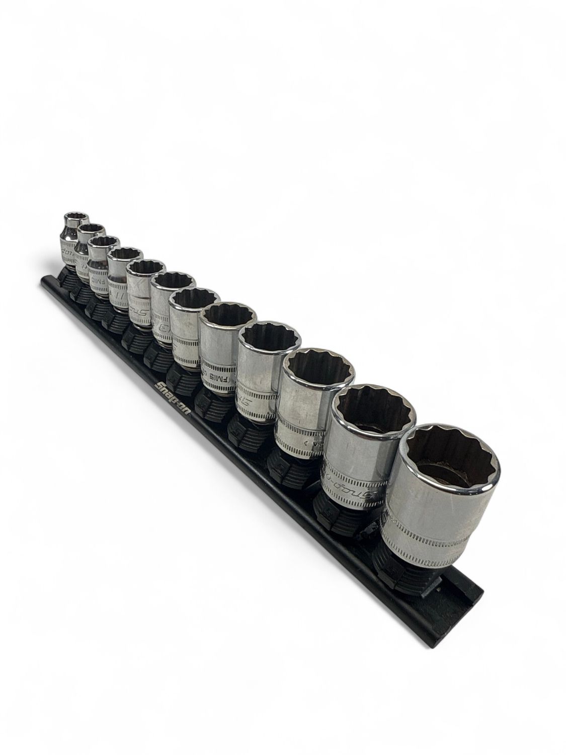 Snap On 12 Pc. 3/8" Drive 12-Point Metric Flank Drive Shallow Socket Set & Locking Rail (8-19 mm) 212FMY