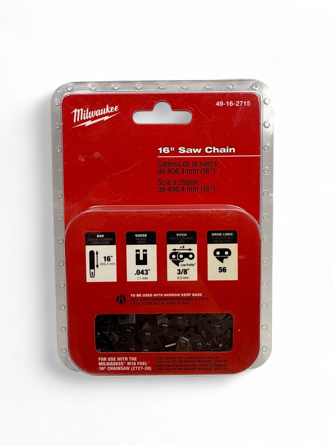 Milwaukee Replacement 16" Saw Chain for 2727-20 Chainsaw, 49-16-2715