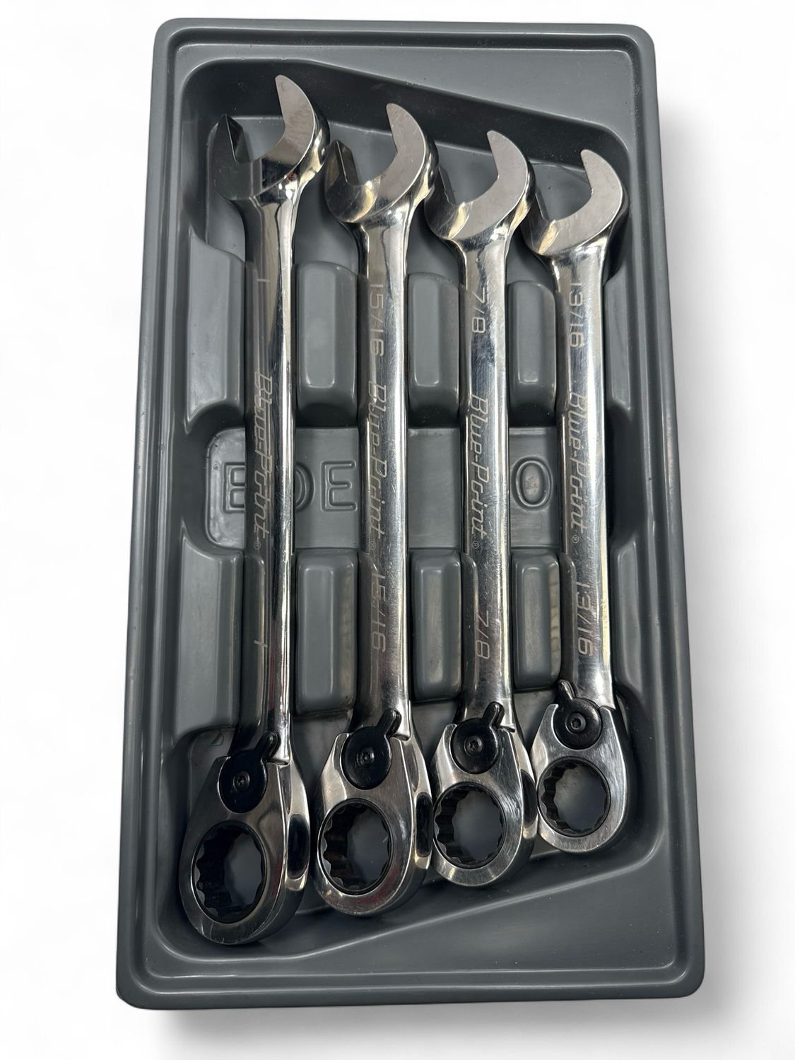 Blue Point 4pc 12-Point SAE 15° Offset Ratcheting Box/Open-End Wrench Set (13/16–1"), BOER704