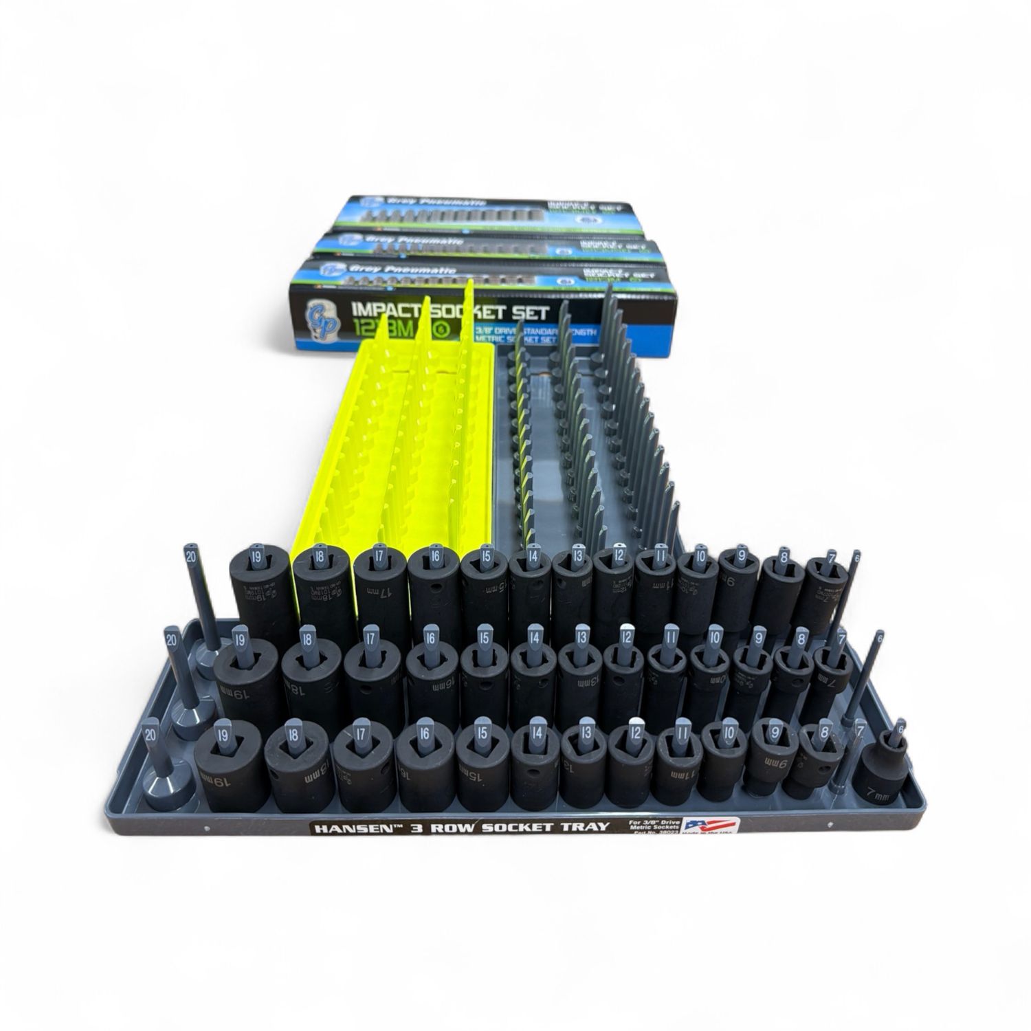 Grey Pneumatic 3/8” Drive 12pt SAE 3 Row Socket Set (5/16”-1”)