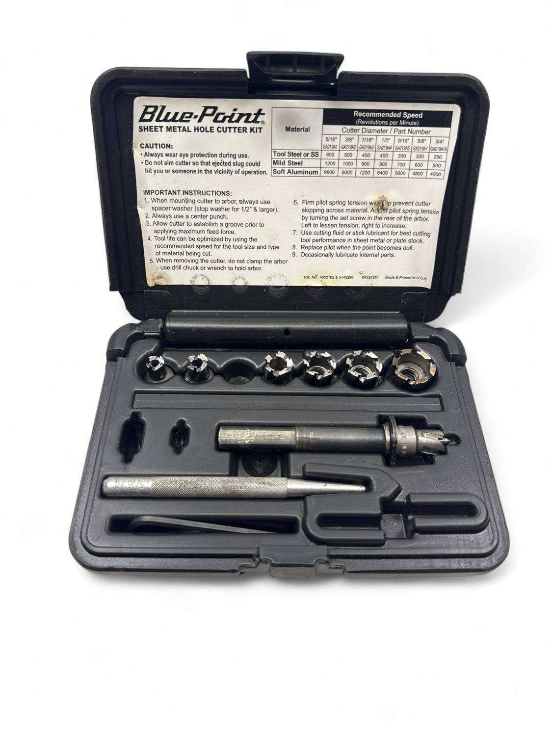 Blue Point Sheet Metal Hole Cutter Kit, GA219B