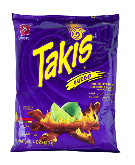 TAKIS FUEGO HOT CHILLI PEPPER & LIME TORTILLA CHIPS 113gm