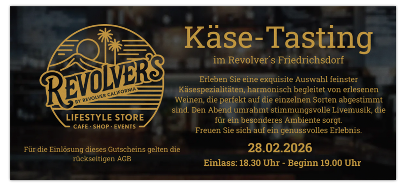 ✪ Käse-Tasting - 28.02.2026 im Revolver´s Friedrichsdorf ✪ Käse-Tasting - 28.02.2026 im Revolver´s Friedrichsdorf