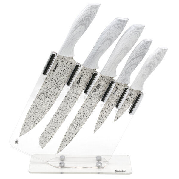 Set 5 coltelli 'Stonewhite' con manici design legno bianco e ceppo in acrilico trasparente