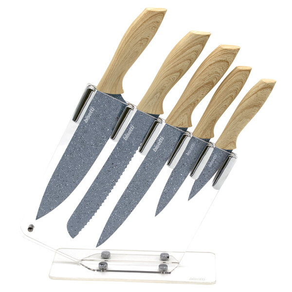 Set 5 coltelli 'Pierre Gourmet' con manici design legno naturale e ceppo in acrilico trasparente