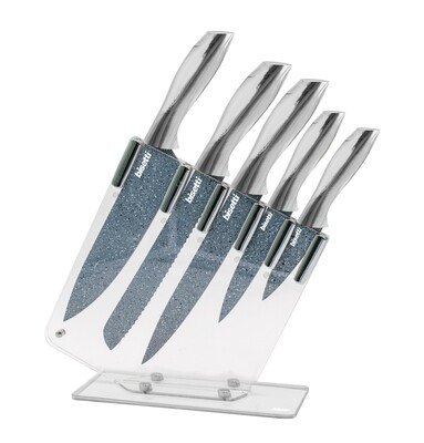 Set 5 coltelli 'Pierre Gourmet' con manici colore argento e ceppo in acrilico trasparente