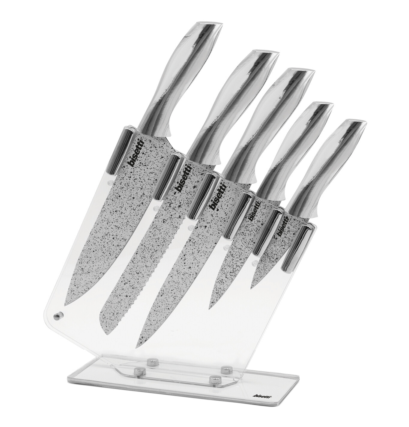 Set 5 coltelli 'Stonewhite' con manici colore argento e ceppo in acrilico trasparente